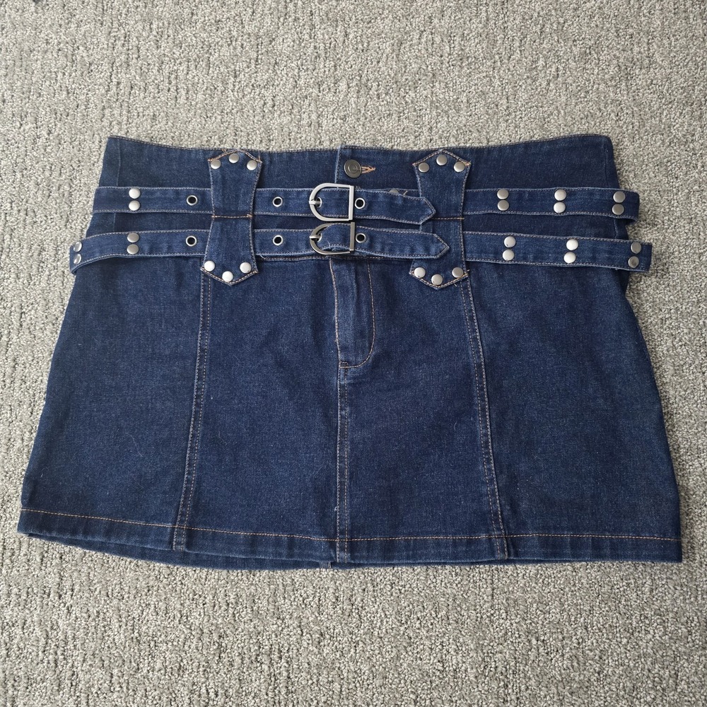 Social Collision Denim Mini Skirt Women's XL Double Belt Studded Y2K Alt Punk
